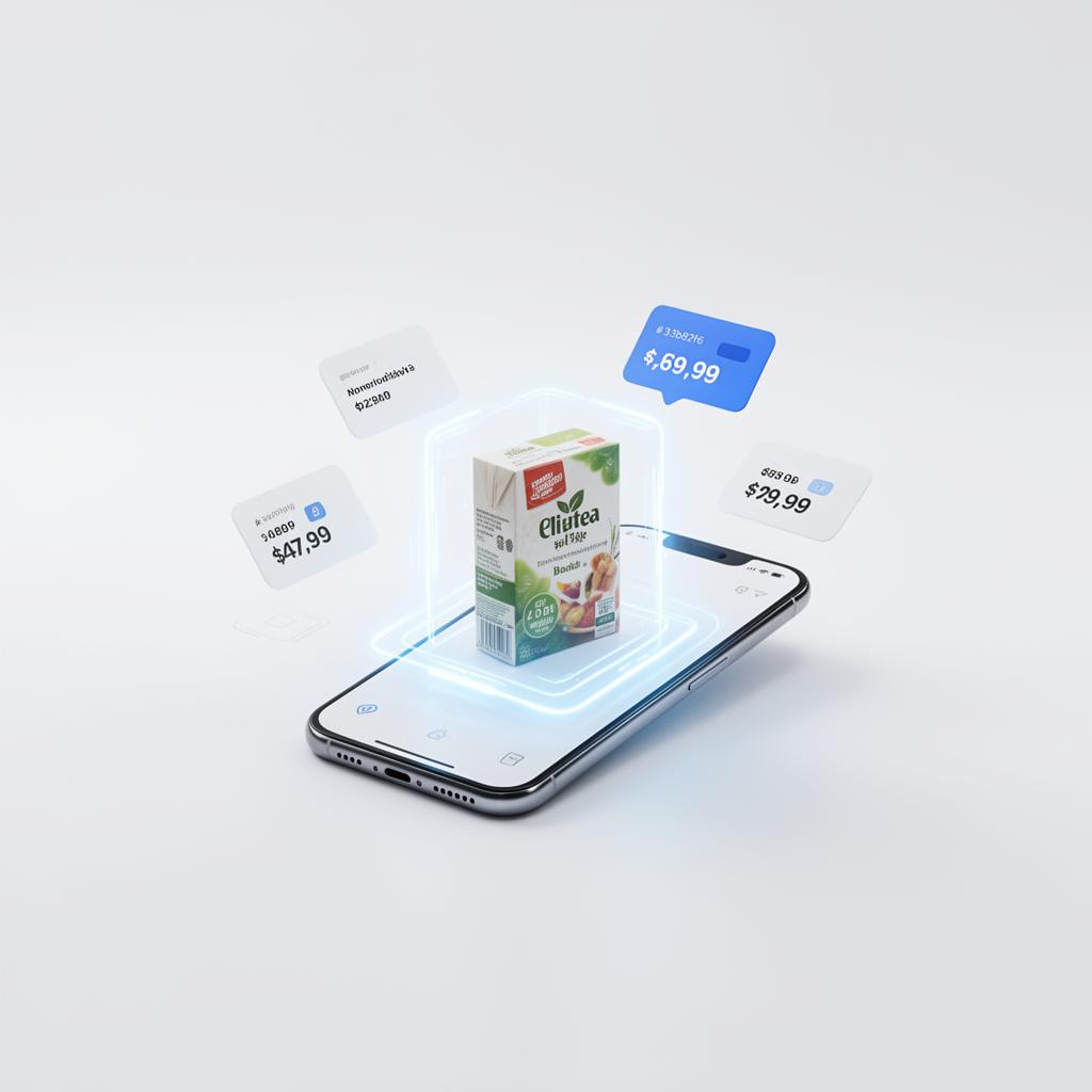 Smartphone scanning a product with floating price tags